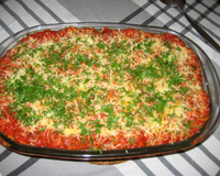 Pure de Jiló Camuflado com Polenta ao Molho de Linguiça Calabresa