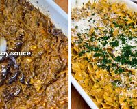 É só misturar tudo na travessa: macarrão de cebola caramelizada com alho, uma receita cremosa irresistível para um almoço rápido!