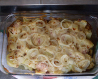 Lingüiças de Frango ao forno com Creme de cebola