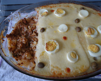 Arroz de forno com purê e carne moída