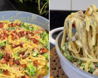 Eu parei tudo o que estava fazendo quando vi essa receita, tive que testar: macarrão cremoso de brócolis com bacon