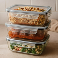 KIT 3 Potes Vidros Retangulares Herméticos Marmitas Refeições 4 Travas