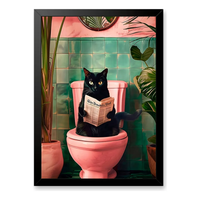 Quadro Gato No Banheiro Lendo Jornal C/ Moldura E Vidro A3