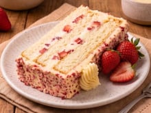 Fatia de bolo de morango cravejado: doce viral tem massa fofinha, recheio cremoso e cobertura crocante