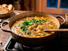 Esse caldo de batata com carne moída é barato, cremoso e salva qualquer jantar em noite fria
