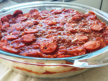 Purê de batata com salsicha ao molho