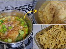 O frango desfiado da minha mãe é o melhor do mundo: simples de fazer, saboroso e o caldo que sobra vira uma canja deliciosa