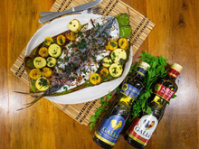 Peixe assado com palmito e banana da terra