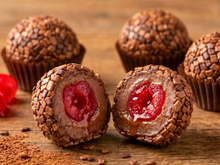 Brigadeiro de chocolate recheado com cereja irresistível na primeira mordida