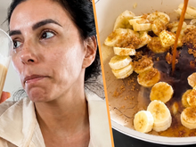 Eva Longoria, aos 51 anos: "Quando tenho bananas muito maduras, uso-as para fazer meu café gelado favorito, caramelizando-as com manteiga e açúcar."