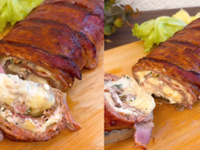Esse rocambole de carne recheado com queijo e coberto com tiras de bacon faz o maior sucesso na minha casa aos finais de semana