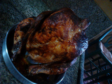 Frango assado com cerveja e sopa de cebola