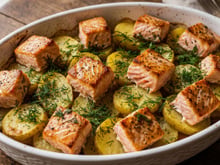 Cubos de salmão sobre uma cama de batatas macias com um molho defumado: receita para o jantar perfeito!