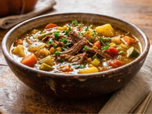 Com a queda nas temperaturas, nada melhor do que essa sopa de legumes com carne desfiada para o jantar!