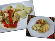 Cubos de frango ao saquê com batata doce