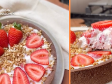 Minha mãe adorou essa torta de morango saudável com casquinha de chocolate que fiz no aniversário dela para cantar parabéns sem sair da dieta