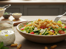 É só tacar macarrão cozido na airfryer para fazer uma salada crocante que você vai querer comer todos os dias