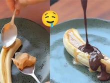 Banana recheada com calda proteica para ter um doce nutritivo fácil de fazer e ser saudável todo dia!