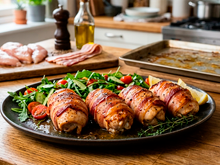 Sempre faço esse prato simples para o jantar: suculentos rolinhos de frango envoltos em bacon crocante (assados ​​no forno!)