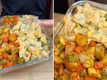 Essa marmita vai salvar seu almoço da semana: tem frango e legumes bem temperados para uma refeição saudável e saborosa