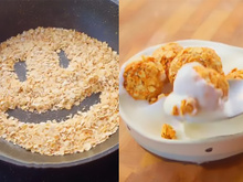 Vi essa receita genial na internet: bolinho de aveia torrada, banana e mel para comer com iogurte, fiz e deu certo!