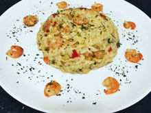 Risoto de camarão flambado com alho-poró e champignon