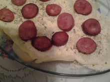 Batata assada com queijo parmesão e linguiça portuguesa
