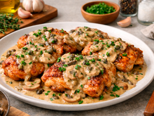 Frango crocante e suculento com molho cremoso de cogumelos que parece mais difícil do que é