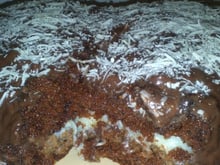 Bolo de chocolate com cobertura de chocolate e recheio de coco