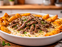 Melhor que petisco de restaurante superfaturado: tirinhas de carne com creme de queijo e batatas superfácil de fazer