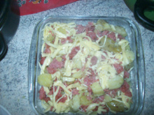 Batata doce com queijo e linguiça