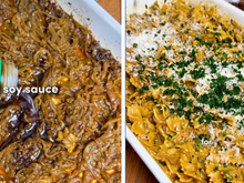 É só misturar tudo na travessa: macarrão de cebola caramelizada com alho, uma receita cremosa irresistível para um almoço rápido!