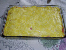 Gratinado de presunto, mussarela e frango desfiado