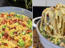 Eu parei tudo o que estava fazendo quando vi essa receita, tive que testar: macarrão cremoso de brócolis com bacon