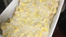 Empanado de frango com creme de banana