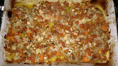 Filé de peixe assado com legumes da Fê