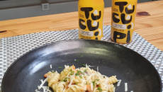 Macarrão com bacon e Tucupi Amarelo