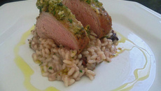 Risoto ao vinho do Porto com radicchio e filé mignon suíno na crosta de parmesão e manjericão