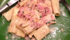 Penne ao molho branco com presunto e atum (forno)