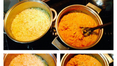 Strogonoff de filé de frango desfiado com arroz ao curry