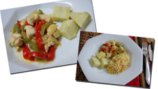 Cubos de frango ao saquê com batata doce