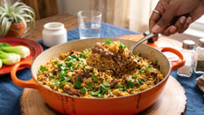 Arroz de fraldinha desfiada na panela de pressão