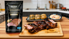 Costelinha suína com batatas e salada coleslaw