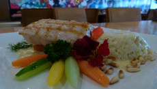 Filé de robalo ao molho champagne com arroz, pinhole e maçã verde