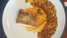 Filé de peixe com molho de maracujá e purê de abóbora