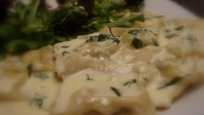 Ravioli com recheio de ricota, rúcula e tomate seco regado ao molho Alfredo