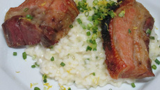 Barriga de porco assada com risoto de limão siciliano