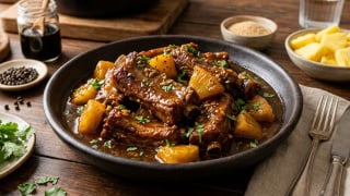 Receita de costelinha de porco braseada com abacaxi: carne macia que se desfaz do osso, saborosa, adocicada e ligeiramente ácida