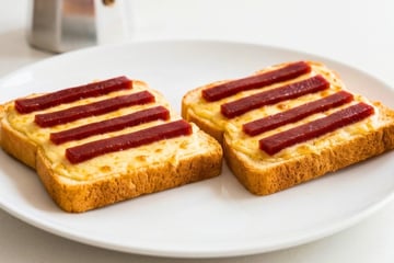 Torrada Romeu e Julieta na airfryer: pão com queijo gratinado e tiras de goiabada ideal para o lanche