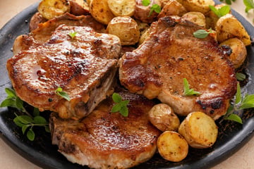 Bisteca de porco na frigideira suculenta e saborosa com poucos ingredientes